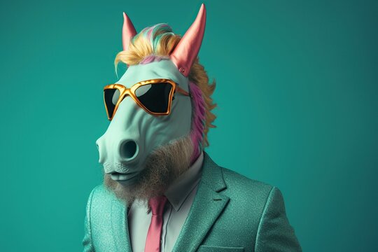 Man wearing a unicorn mask against turquoise background, Generative ai
