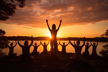 Generative AI illustration of yoga class at sunset, happy diverse group of young people practicing yoga poses together, stretching health and wellness