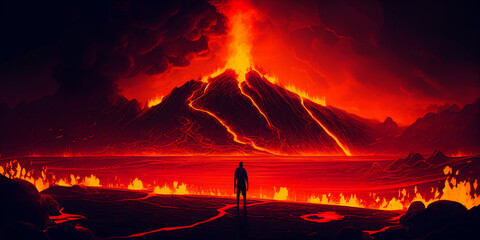 Volcanic eruption. A man stands in the middle of the volcano. Generative AI.