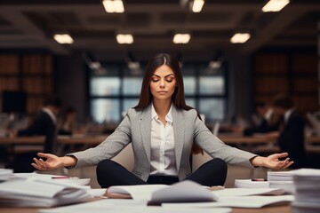 Generative AI illustration of calm business woman female leader woman sitting in lotus position meditating in office feels calmness throw documents business conflict quarrel on background