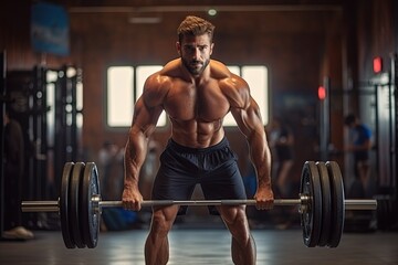 Generative AI illustration of exercise and man with barbell in gym for fitness, strong muscle power or health. Bodybuilder, training and face of male athlete weightlifting for wellness - obrazy, fototapety, plakaty