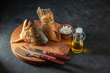 front view dried sliced fish on dark background seafood vobla sea ocean water color meat fish