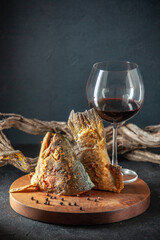 front view dried sliced fish on dark background seafood vobla sea ocean water meat fish