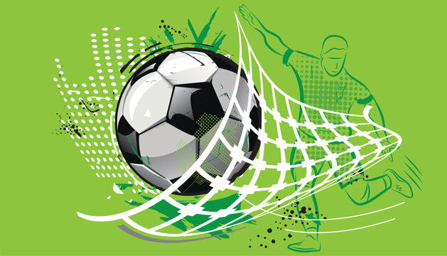 Soccer ball in goal net. Vector illustration of a football, pop art design.