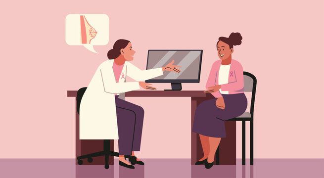 Expert Female Oncologist Providing Diagnosis and Advice for Breast Cancer to Patient, Healthcare and Treatment Concept for Support and Recovery, Vector Flat Illustration