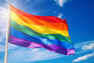 Rainbow flag, a symbol for the LGBT community, waving in the wind with a cloudy background. AI generated