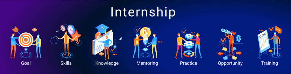 Internship concept. Banner with keywords and icons. Concept with icon of goal, skills, knowledge, mentoring, practice, opportunity, and training.