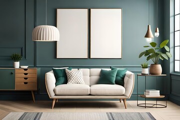 Warm and Cozy Composition of spring living room interior with mock-up poster frame, wooden sideboard, white sofa, green stand, base with leaves, plants, and stylish lamp, Home Decor Generative AI