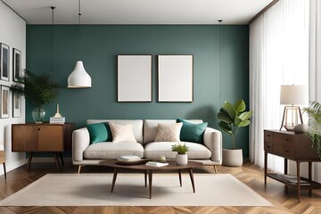 Fototapeta na wymiar Warm and Cozy Composition of spring living room interior with mock-up poster frame, wooden sideboard, white sofa, green stand, base with leaves, plants, and stylish lamp, Home Decor Generative AI