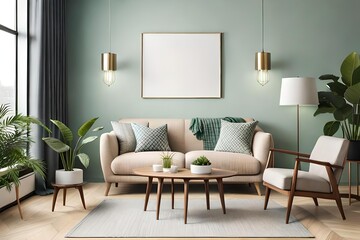 Warm and Cozy Composition of spring living room interior with mock-up poster frame, wooden sideboard, white sofa, green stand, base with leaves, plants, and stylish lamp, Home Decor Generative AI - obrazy, fototapety, plakaty