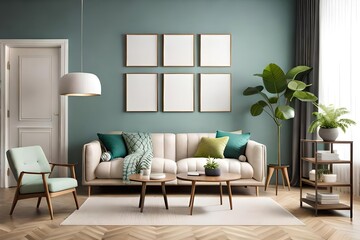Warm and Cozy Composition of spring living room interior with mock-up poster frame, wooden sideboard, white sofa, green stand, base with leaves, plants, and stylish lamp, Home Decor Generative AI