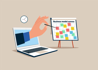 Brainstorm, management strategy. Businessman  through the laptop present business model on whiteboard.  Flat modern vector illustration.