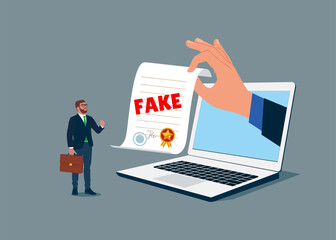 Wrong information verification, fraud and illegal reports. Inspector through the laptop verify fake document. Vector illustration. - obrazy, fototapety, plakaty