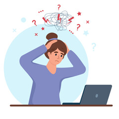 Young woman with headache stress symptom. Stressed worker. Business woman in panic and depression. Professional burnout concept vector illustration.