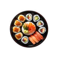 Set sushi rolls with salmon, eel, nori leaves, avocado, cucumber, and cream cheese inside isolated on Transparent Background, Png Cutout, Generative Ai 