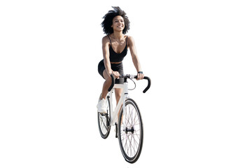 Cyclist young woman cycling walking fitness . Transparent background, png. - obrazy, fototapety, plakaty