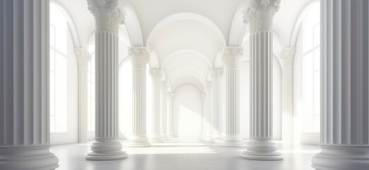 Antique architectural white panorama banner with shadow from columns. Long row of colonnade columns and arcs. Floor-to-ceiling windows of the palace or castle. Abstract light background.