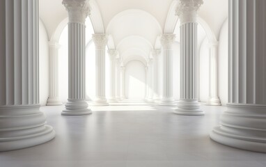 Antique architectural white panorama with shadow from columns. Arched perspective in Classic style. Floor-to-ceiling Windows of the Palace or castle. Abstract light background.