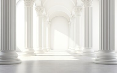 Obraz premium Long row of colonnade columns and arcs. Arched architectural perspective in Antique style. Abstract light background.