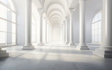 Long row of colonnade columns and arcs. Arched architectural perspective in Antique style. Corridor with arches. Windows of the Palace or castle. Abstract light background.