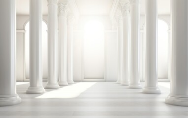 Antique architectural white panorama with shadow from columns. Corridor with arches. Abstract light background.