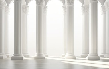 Long row of colonnade columns and arcs. Arched architectural perspective in Antique style. Corridor with arches. Floor-to-ceiling Windows of the Palace or castle.