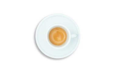 white cup and saucer with freshly brewed black espresso coffee with crema, isolated beverage design element, top view / flat lay