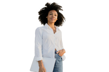 A curly-haired female assistant in a white shirt, a successful startup programmer is holding a...