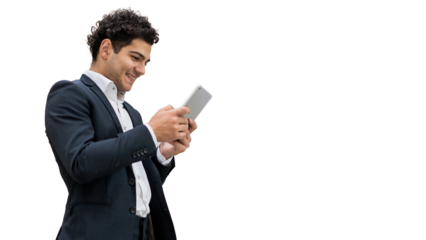 A businessman uses a tablet, plays games, responds to a chat message, A cheerful young financier entrepreneur in a business suit. Transparent background, png.