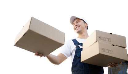 A courier employee in a courier company delivers an order to the address in boxes of food lunch dinner and breakfast. Transparent background, isolate.