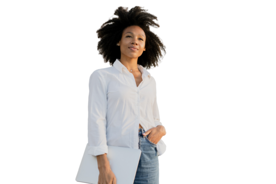 A curly-haired female assistant in a white shirt, a successful startup programmer is holding a laptop alone. Transparent background, isolate.