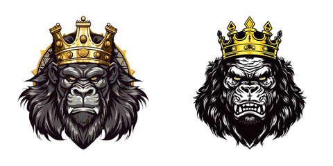 Ferocious gorilla with crown on his head. Cartoon vector illustration.