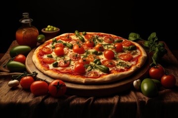 Pizza with fresh tomatoes, peppers and olives, generative ai