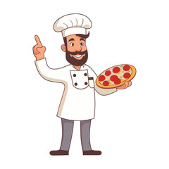 Chef holding a pizza. Cartoon vector illustration.