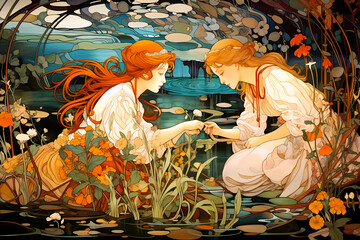 romantic view of red haired ladies in a stream