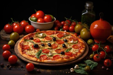 Obraz na płótnie Canvas Pizza with fresh tomatoes, peppers and olives, generative ai