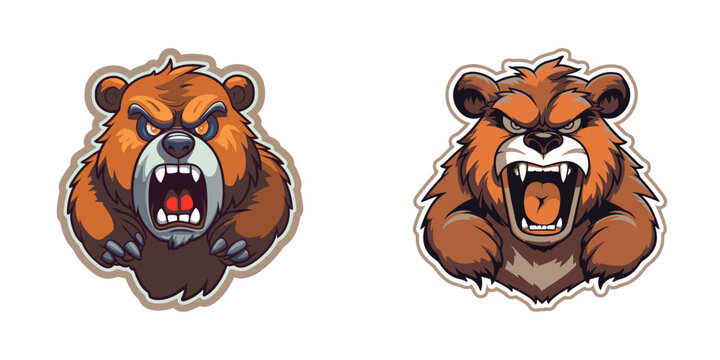 Angry bear sticker. CArtoon vector illustration.