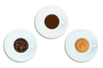 three white cups and saucer with freshly brewed black espresso coffee with crema, coffee powder and coffee beans isolated beverage design element, top view / flat lay