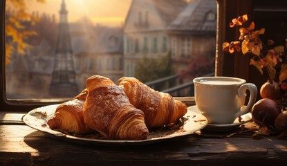cup of coffee and croissants on a small table in town 