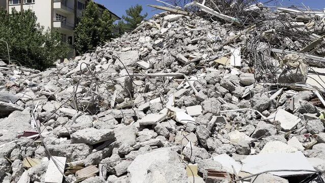Ruins and debris of a house destroyed in the earthquake