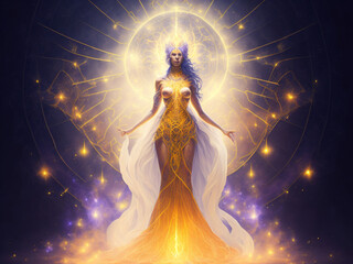 Divine Figure in Transcendent State with Brilliant Aura of Light - Spiritual Power Symbols