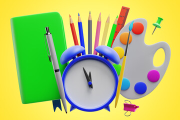 Back to school. Alarm clock with learning elements. 3d rendering