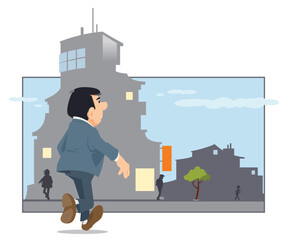 Businessman walking to work in city. Illustration for internet and mobile website.