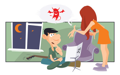 Girl scolds guy with guitar. Illustration for internet and mobile website.