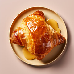 Golden brown freshly baked shiny cheese croissant on a plain background mock-up image