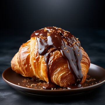 Golden freshly baked croissant drizzled with chocolate sauce on a plain background