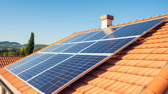 Solar panels on the roof of a house on a sunny summer day.