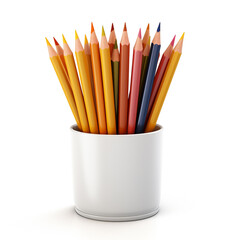 Array of multi-coloured pencils in white cup