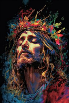 Colorful oil painting of the expression of the face of Jesus Christ our Savior Generative AI Illustration