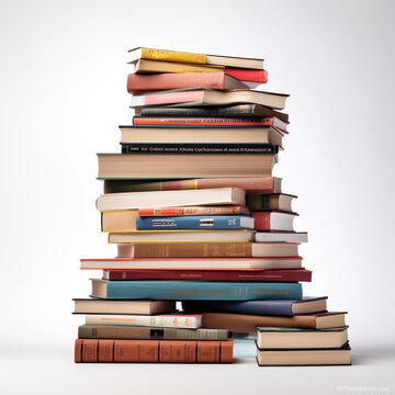 Large pile of books stacked on a plain white background 